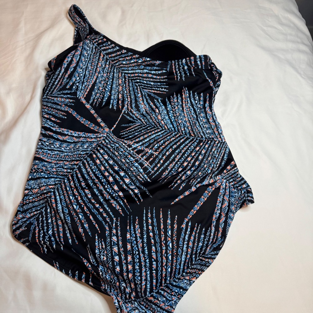Embrace Your Curves Miracle Brands One Shoulder Mesh Swimsuit XL Blue Palm Print